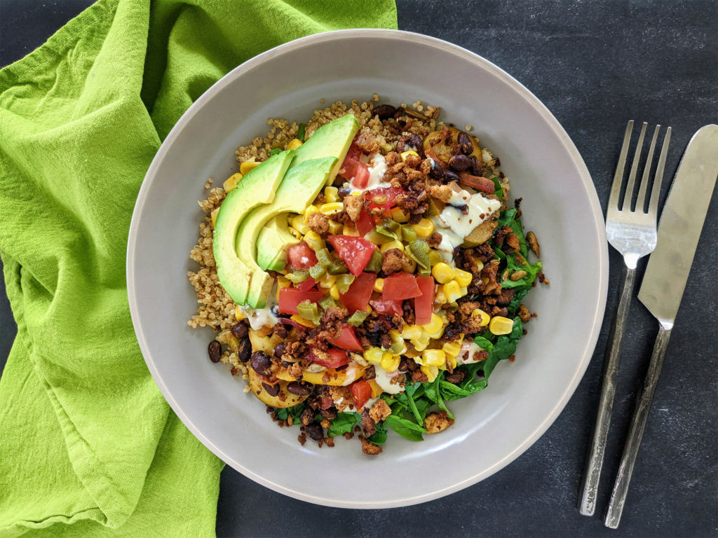 Cheesy Whole-Food Plant-Based Pepperoni Taco Veggies Quinoa Bowl 