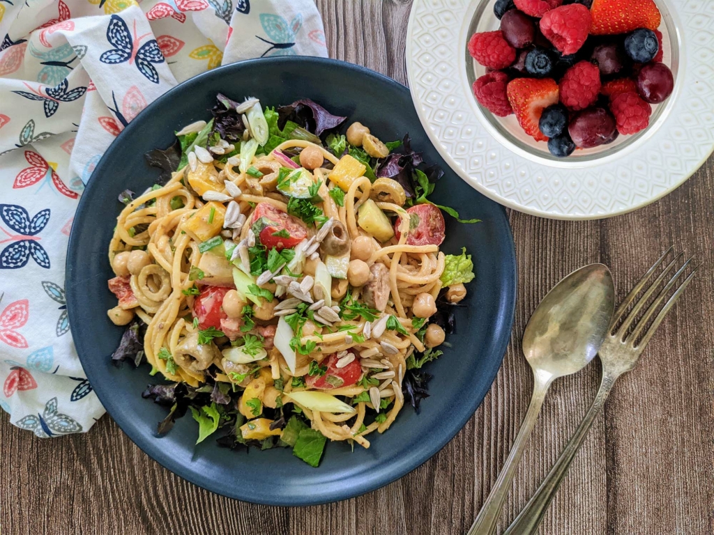 Summer Splendor Whole Food Plant Based Spaghetti Salad and Orange-spiked Fruit Salad