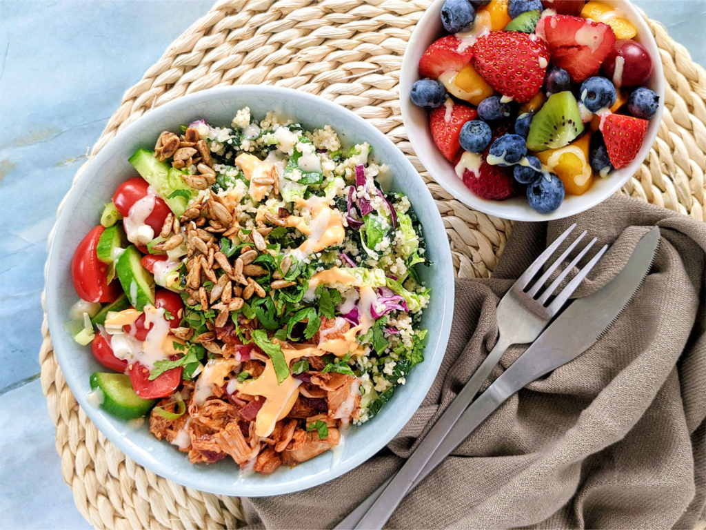 Alabama Vegan Barbecue Bowl and Spiced Tahini Fruit Salad