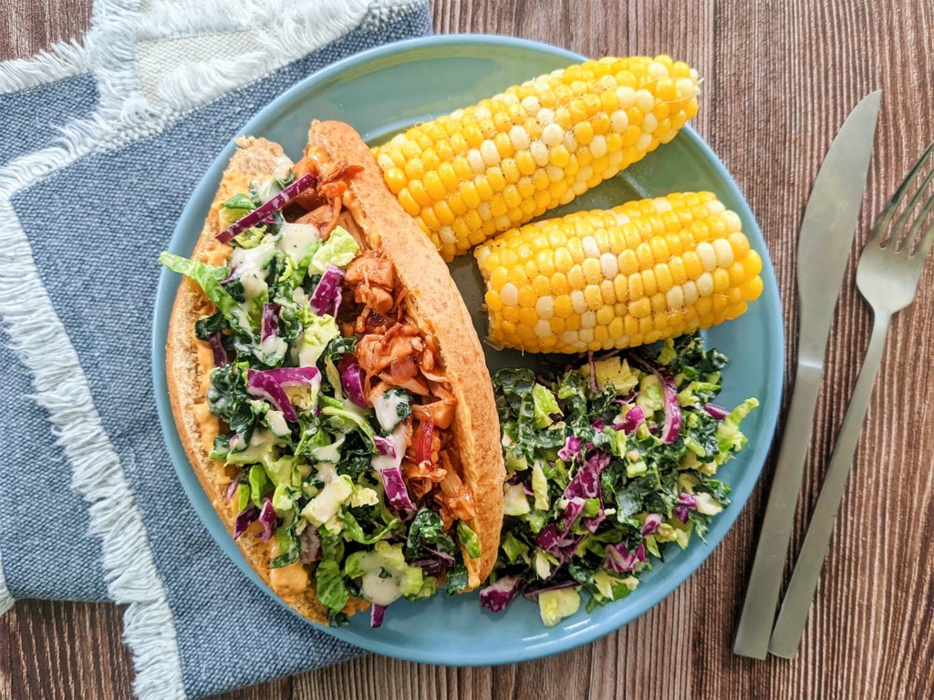 Pulled Vegan Jackfruit Sandwich, Brussels Slaw and Corn on the Cob