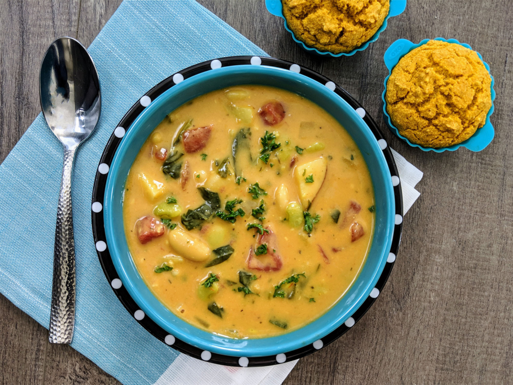 Creamy Cannellini Dairy Free Veggie Chowder and Southern-style Cornbread Muffins 