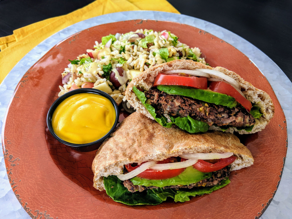 Sweet Smoky Black Bean Burgers and Groovy Waldorf-inspired Rice Salad Plant Based