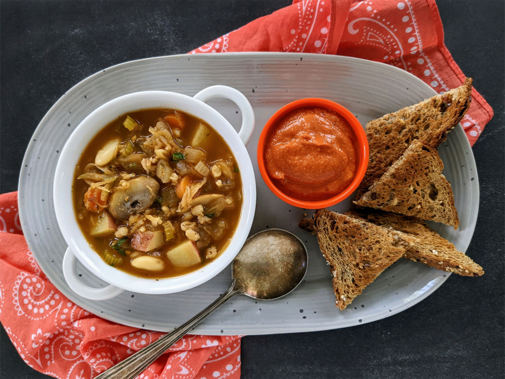 German-style Vegan Barley Soup Graupensuppe and Toast Points with Sauce