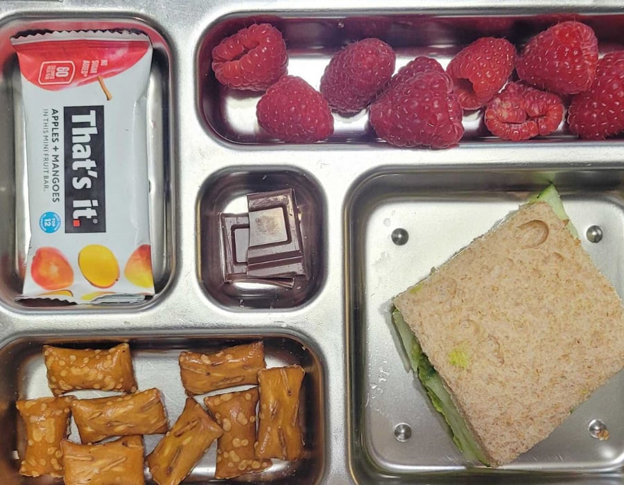 easy plant based lunch idea for kids  Main: Cucumber Finger Sandwiches (I added a splash of lemon to help keep the avocado looking fresh)
Vegetable: Cucumber (in his sandwich)
Fruit: Raspberries
Side: Dried fruit bar
Dessert: Oat milk chocolate