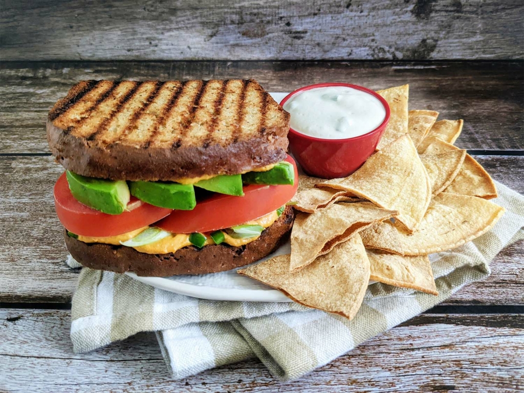 Nacho Average Vegan Grilled Cheese and Baked Tortilla Chips with Creamy Onion Dip 