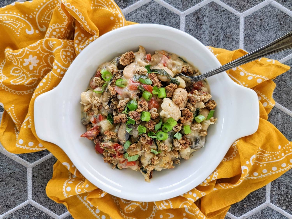 Creamy Vegan Cauliflower Butter Bean Sun-dried Tomato Casserole with Basil