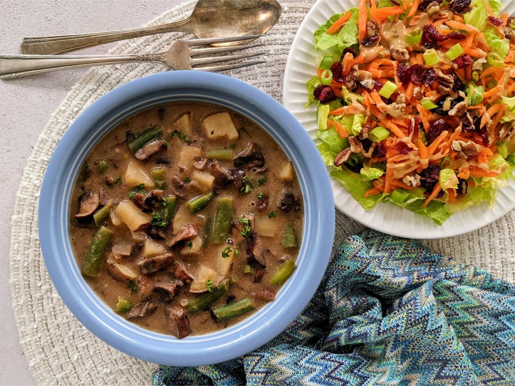 Mushroom, Potato Dairy Free Green Bean Soup and Cranberry Citrus Side Salad
