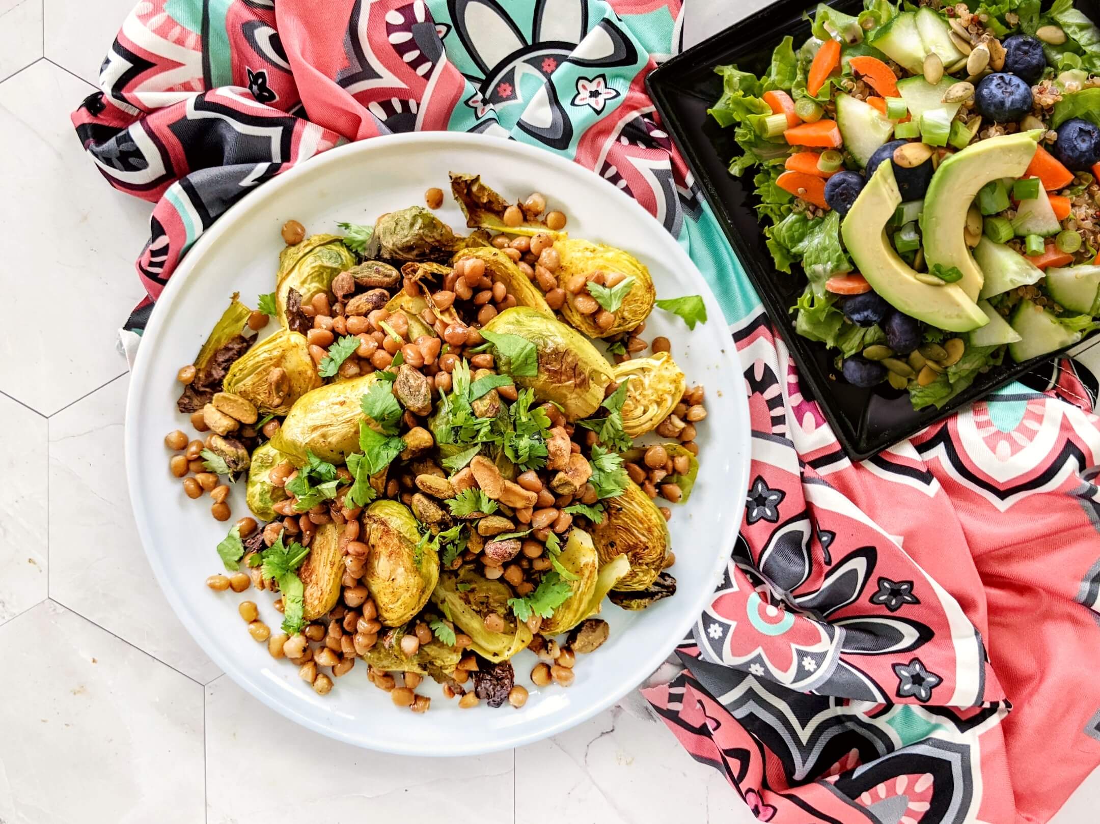 WFPB Curry Roasted Brussels with Seasoned Lentils and Lovin’ Garden Salad  