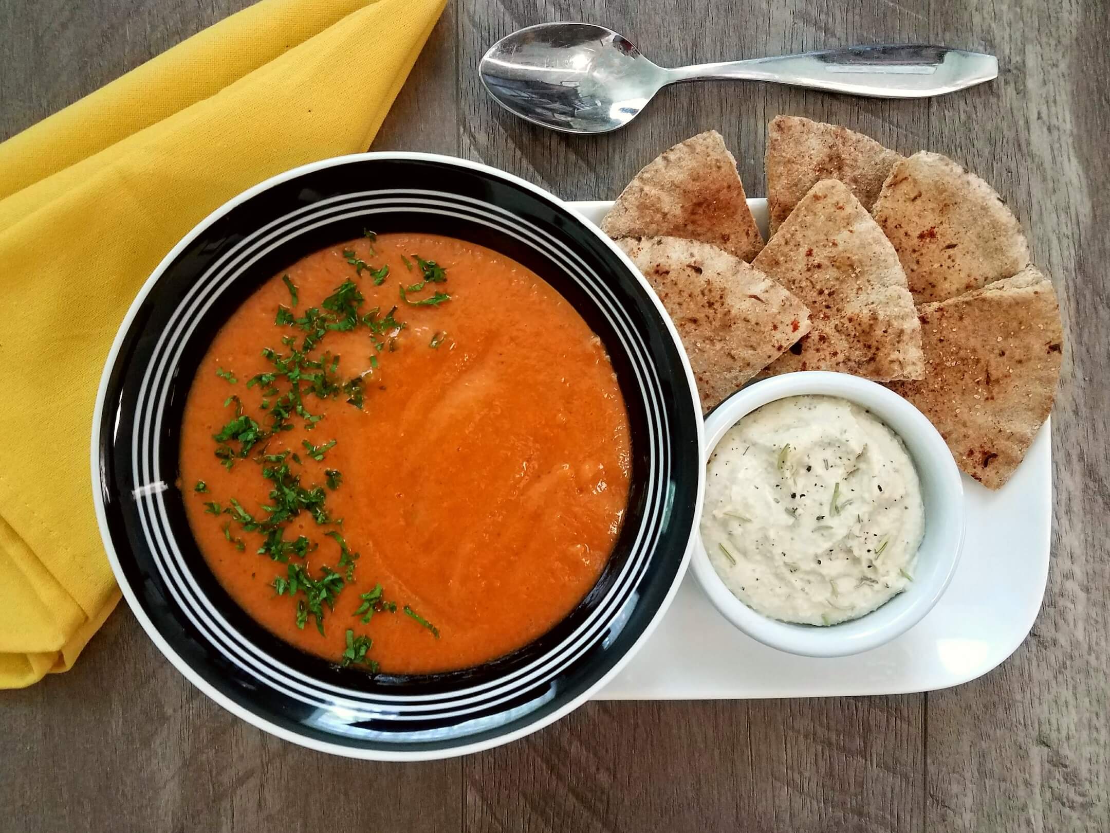 Oil Free Roasted Red Pepper Soup with Rosemary Black Pepper Spread and Zesty Hippie Chips