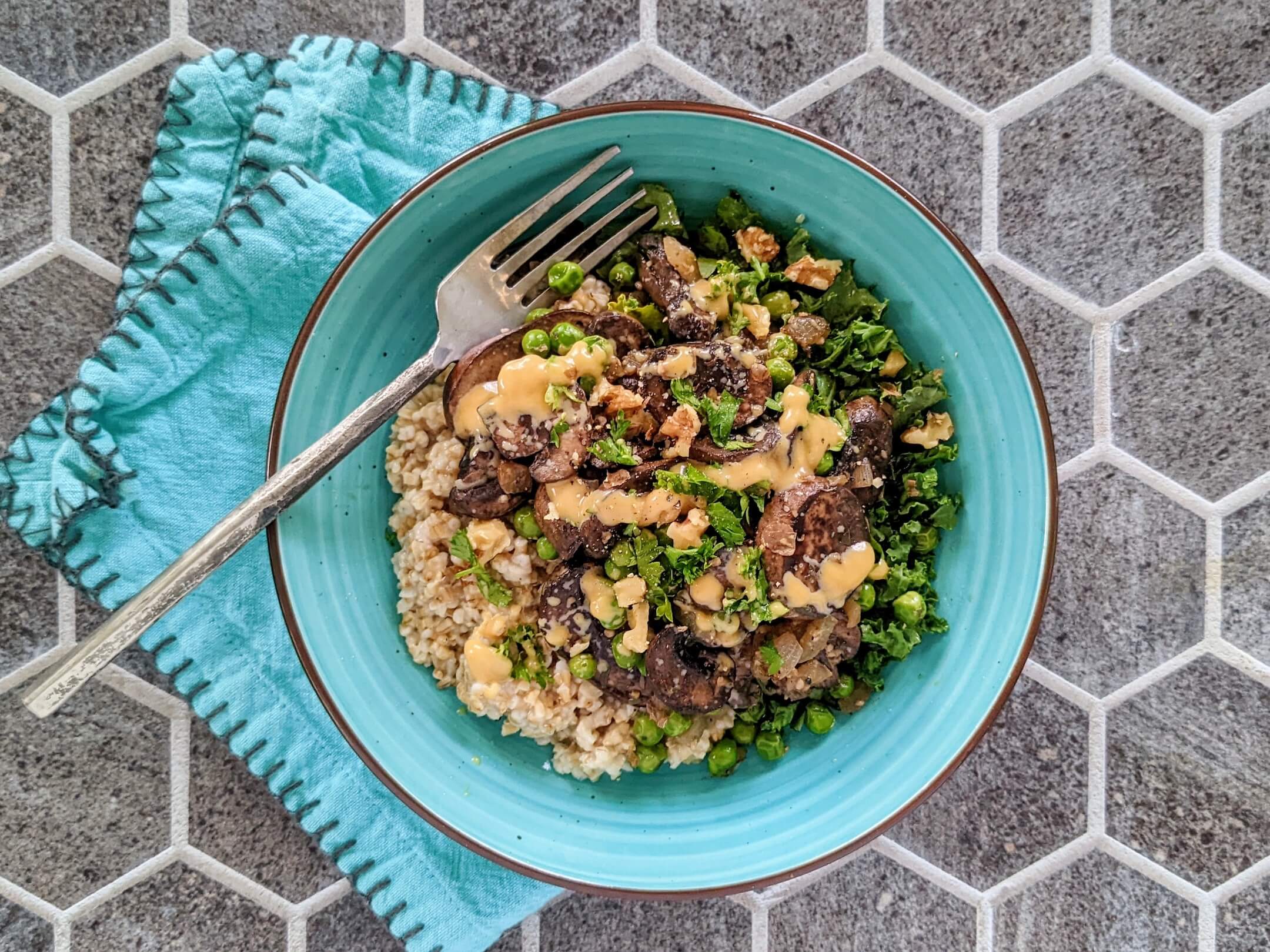 Savory Steel Cut Oats Bowl with Mushrooms Peas