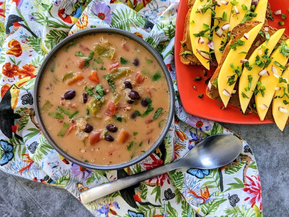 Whole Food Platn Caribbean Black Bean & Quinoa Soup with Mango Almond Toast