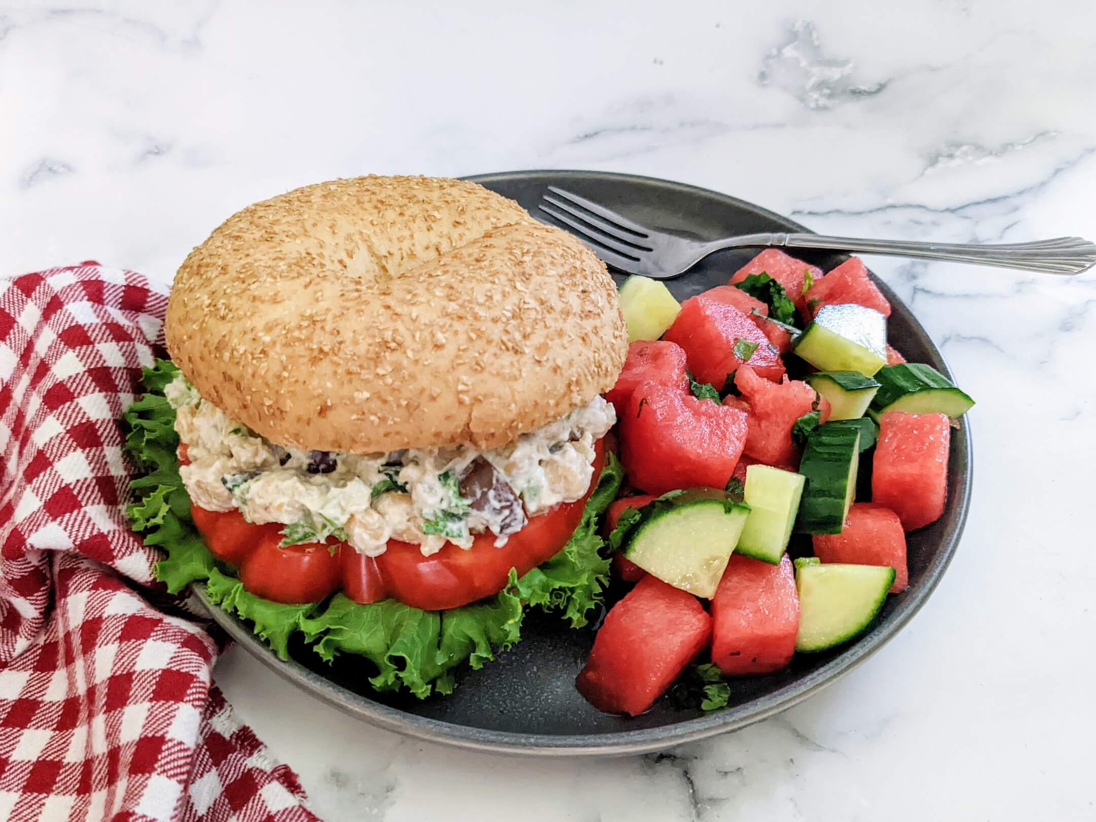 Greek-style Vegan Chickpea Smash Bagelwich and Watermelon Mojito Salad