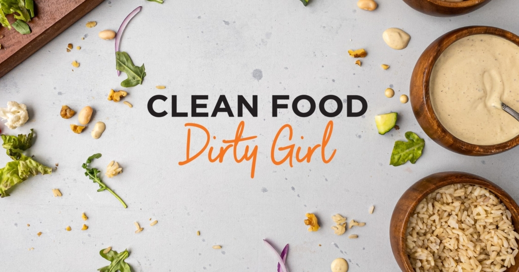 Clean Food Dirty Girl logo on a picture of various whole food plant based recipes