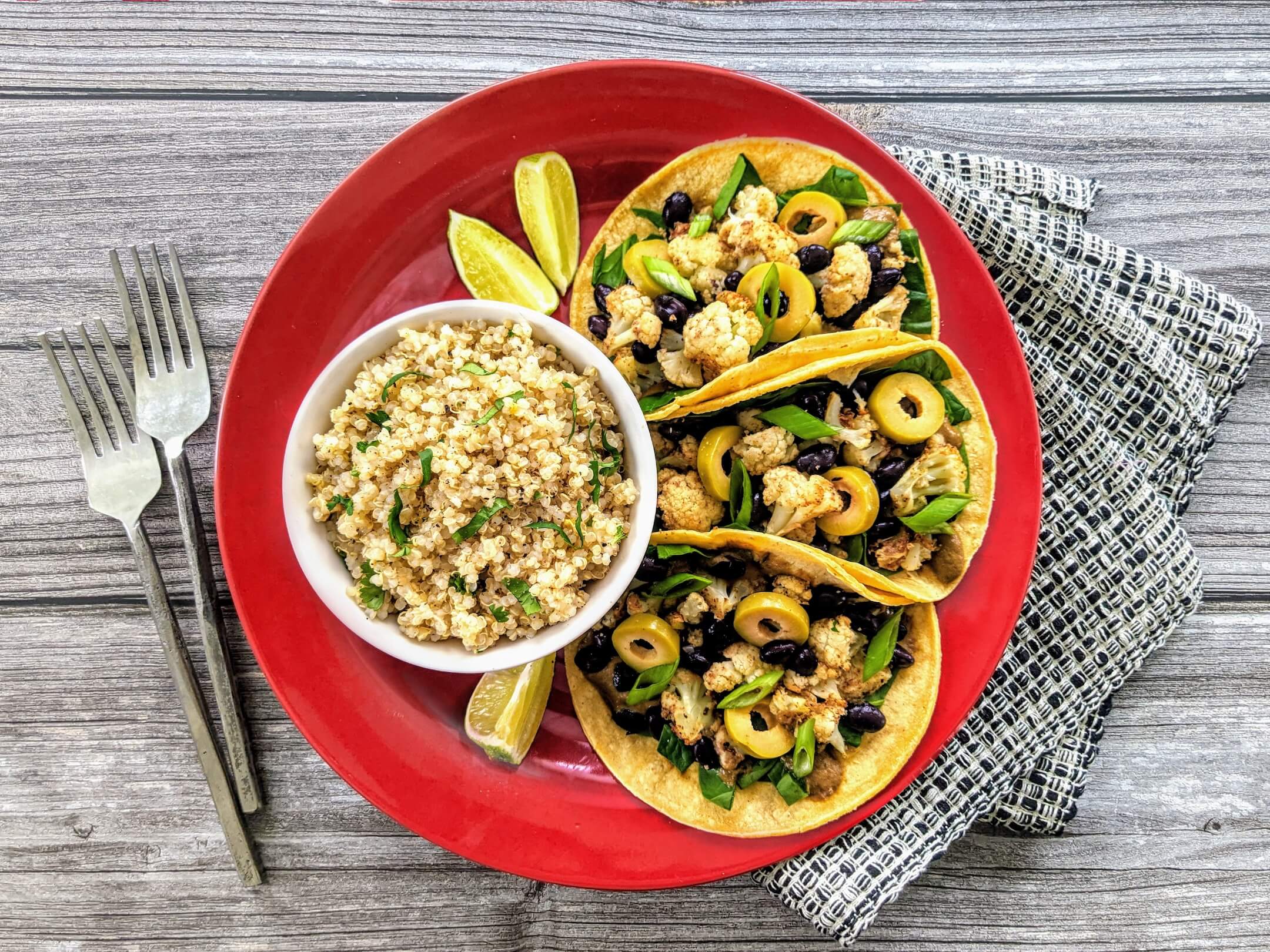 Mole-Sauced Roasted Cauliflower & Black Bean Tacos and Citrus-Cilantro Quinoa