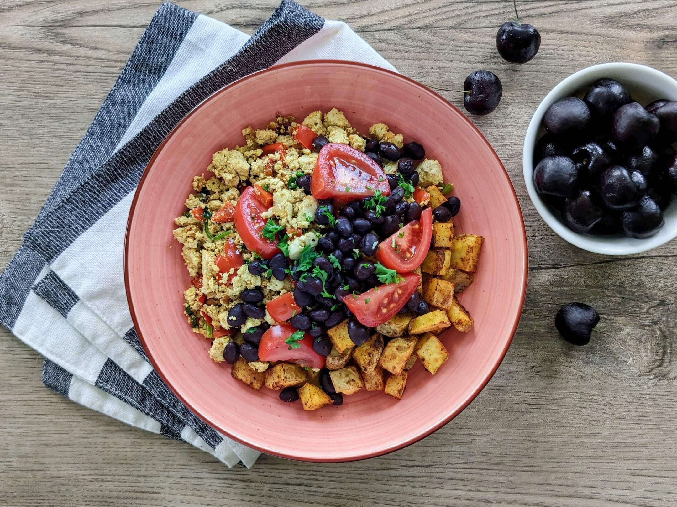 Easy southwest breakfast bowl and sweet cherries