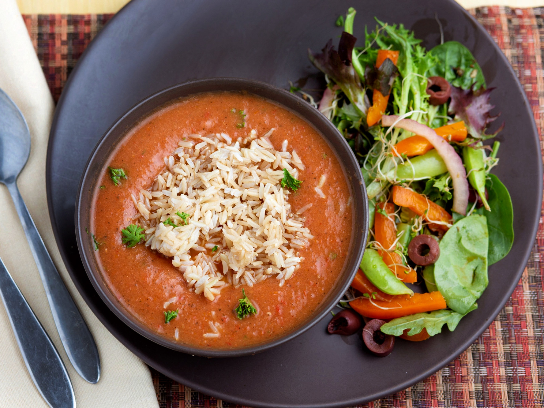Fresh Market Tomato Rice Soup and Sprouty Snap Pea Salad