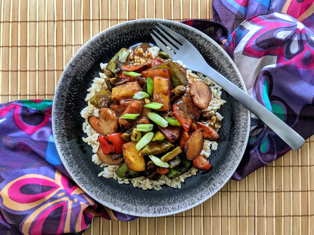 sweet and sour vegetables over rice