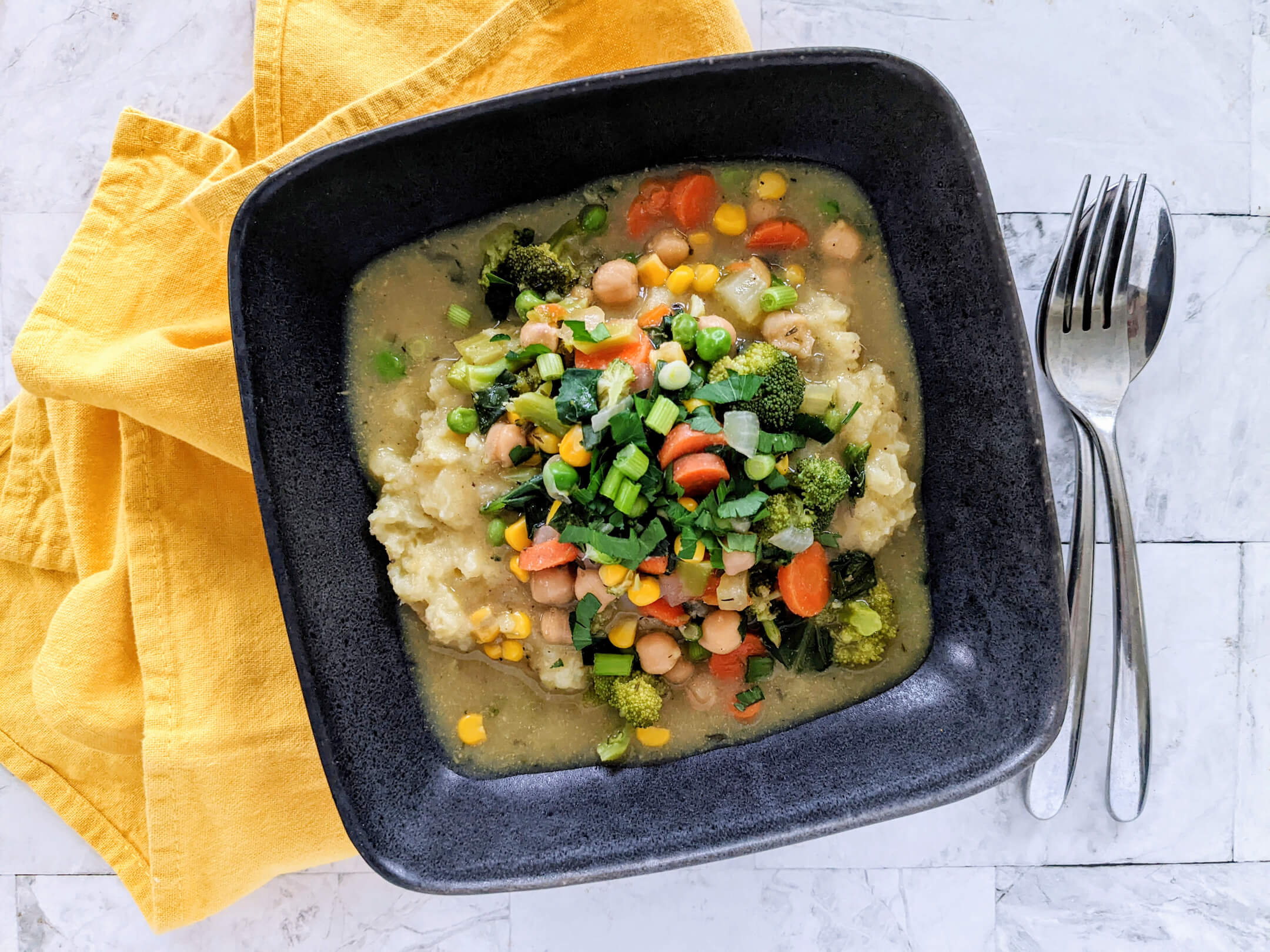 simple pot pie veggies and mashed potatoes bowl