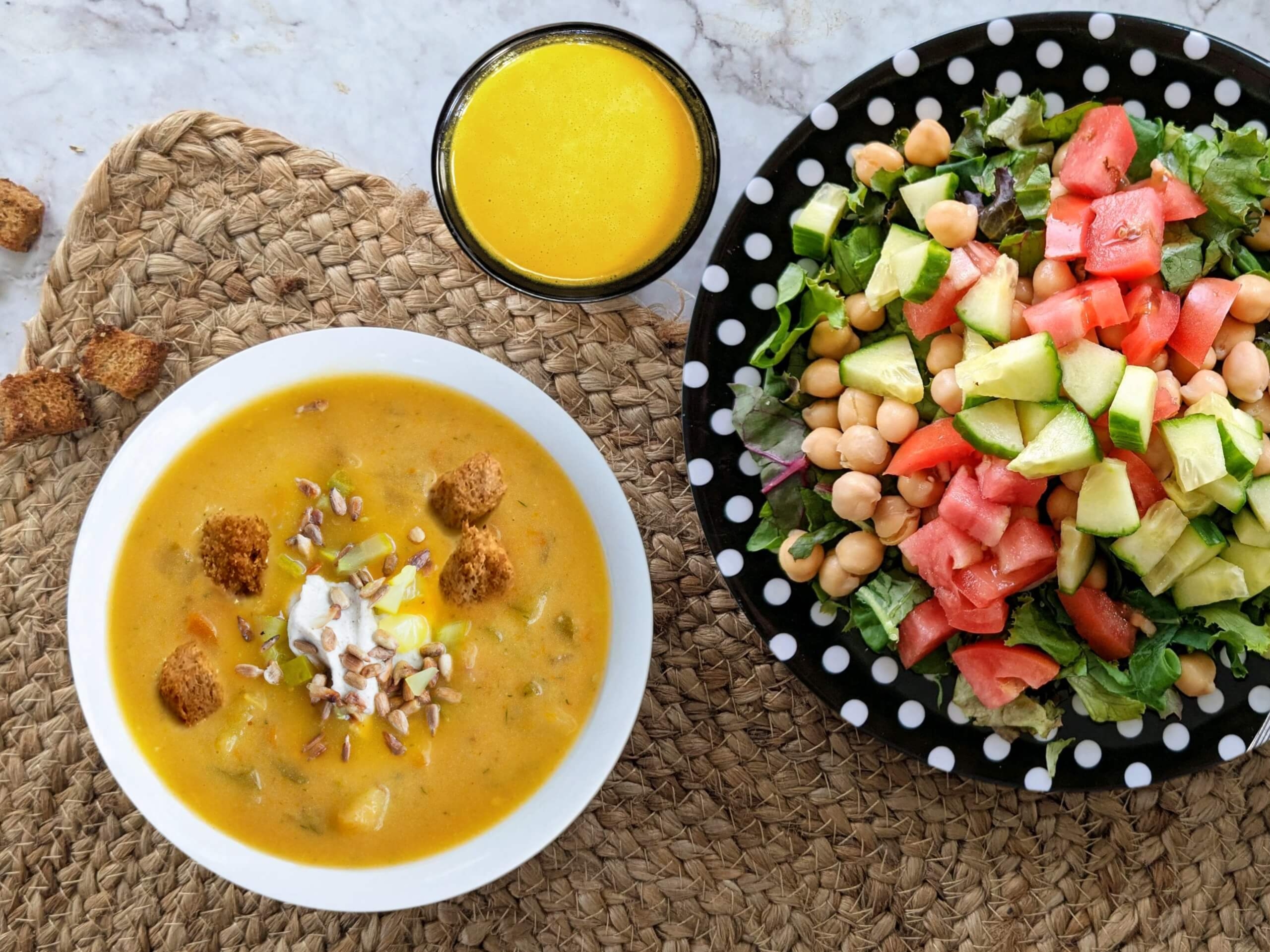 Dill Pickle Potato Soup with Side Salad and Mini Garlicky Croutons