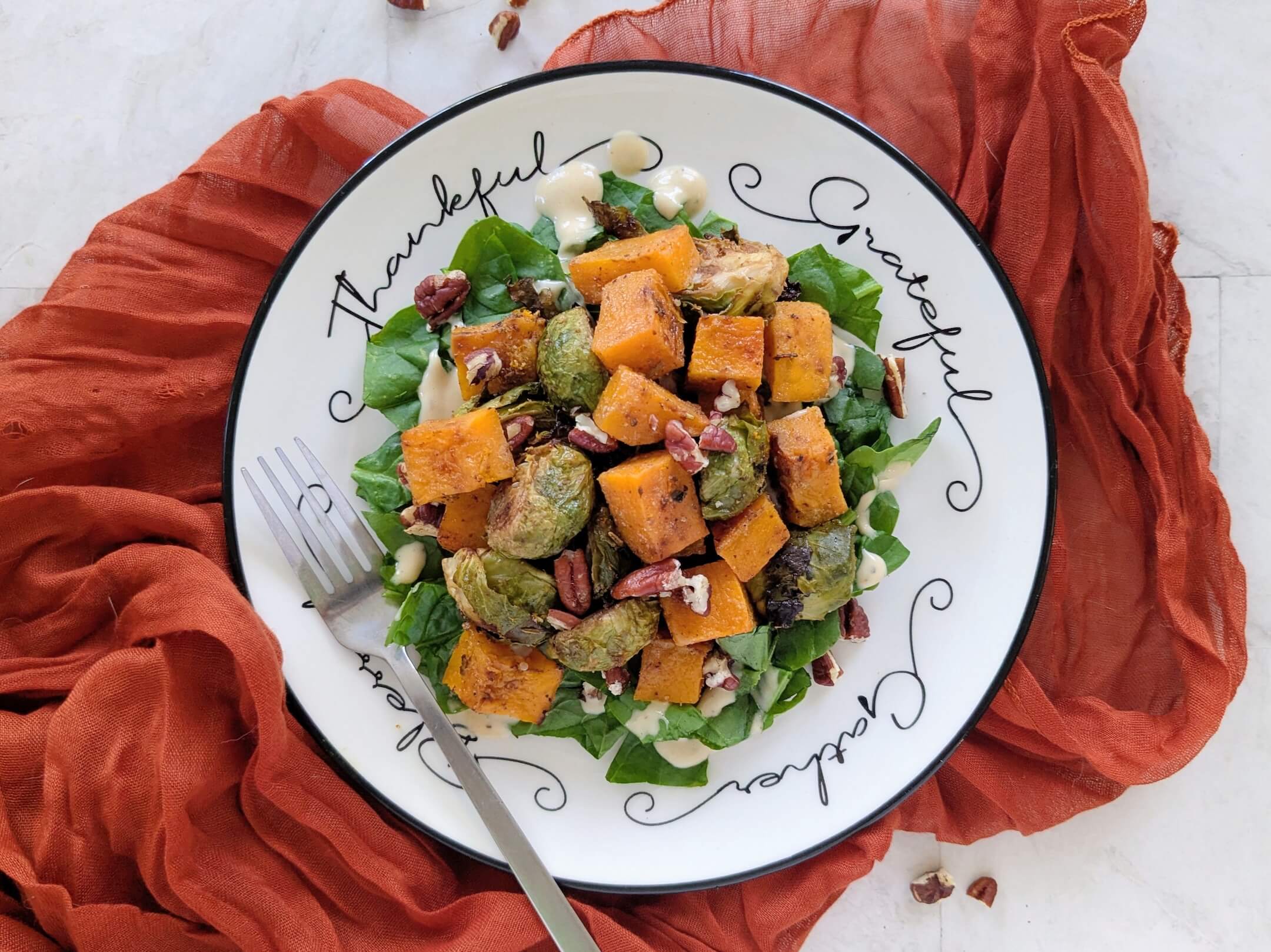 Rosemary Maple Roasted Butternut Squash & Brussels Sprouts with Pecans