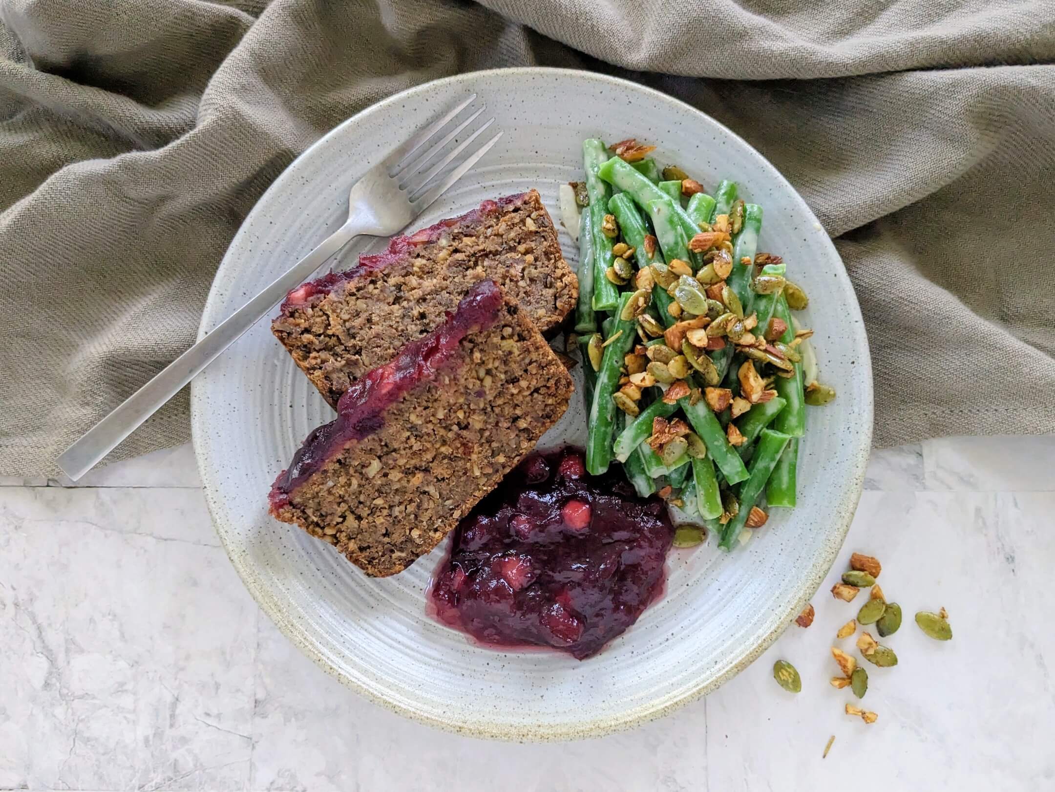 Holiday meatloaf, green beans almondine and cranberry sauce
