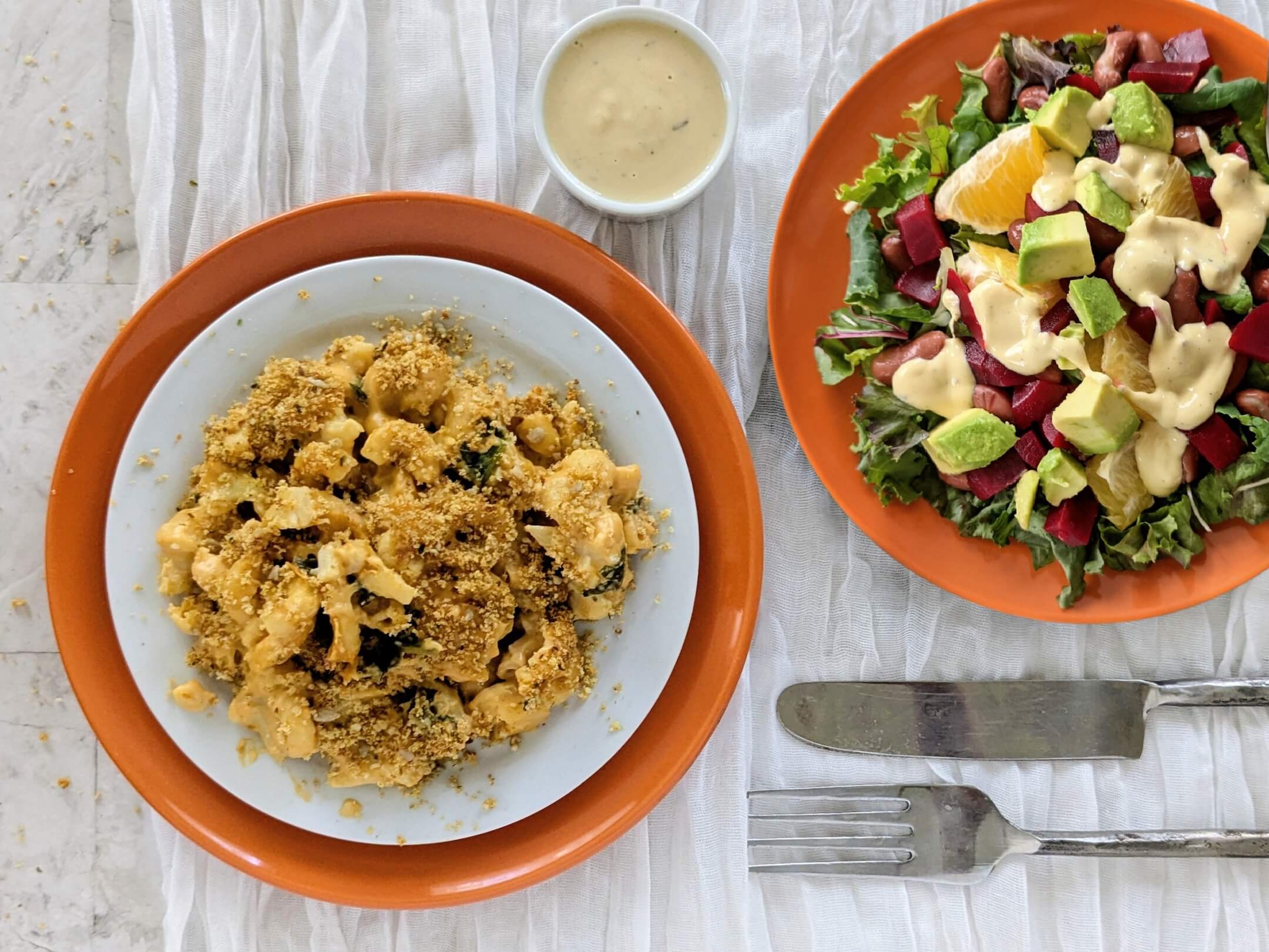 Baked cauliflower mac & cheese and Dijon Thyme Beet & Avocado Salad