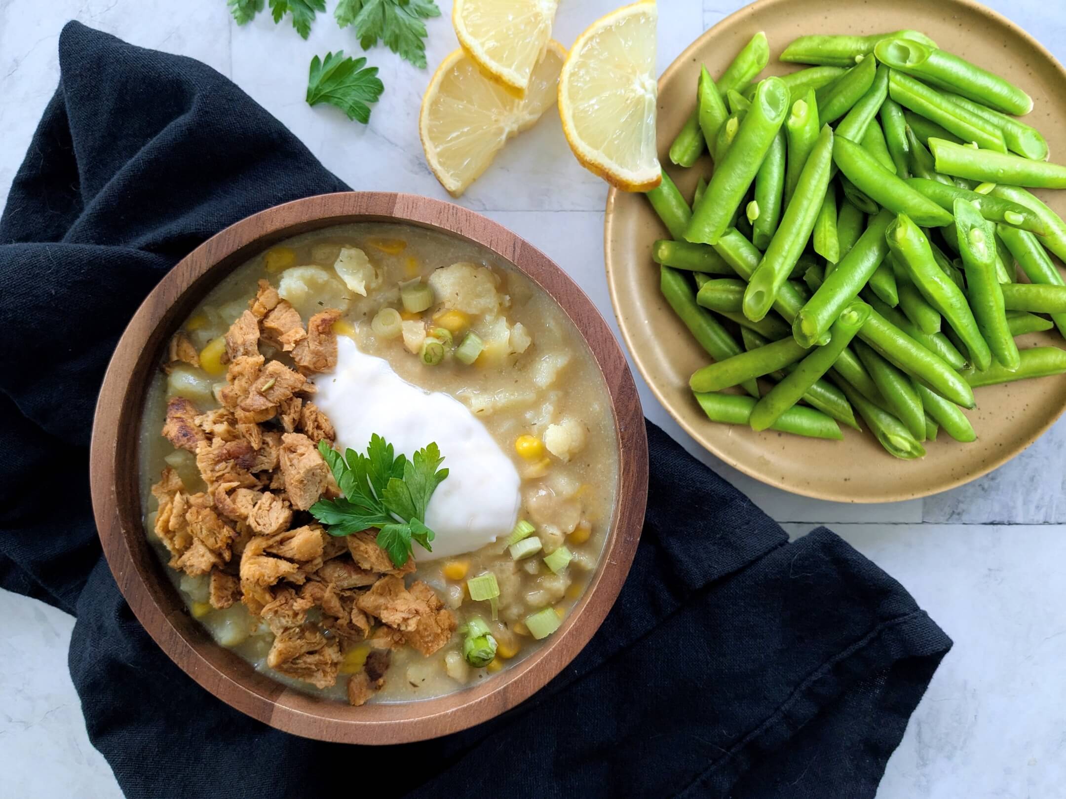 Loaded cauliflower soup and lemon green beans