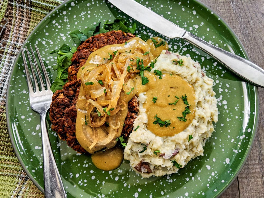  Salisbury Steaks with Sauteed Onions, Gravy and Buttery Smashed Potatoes