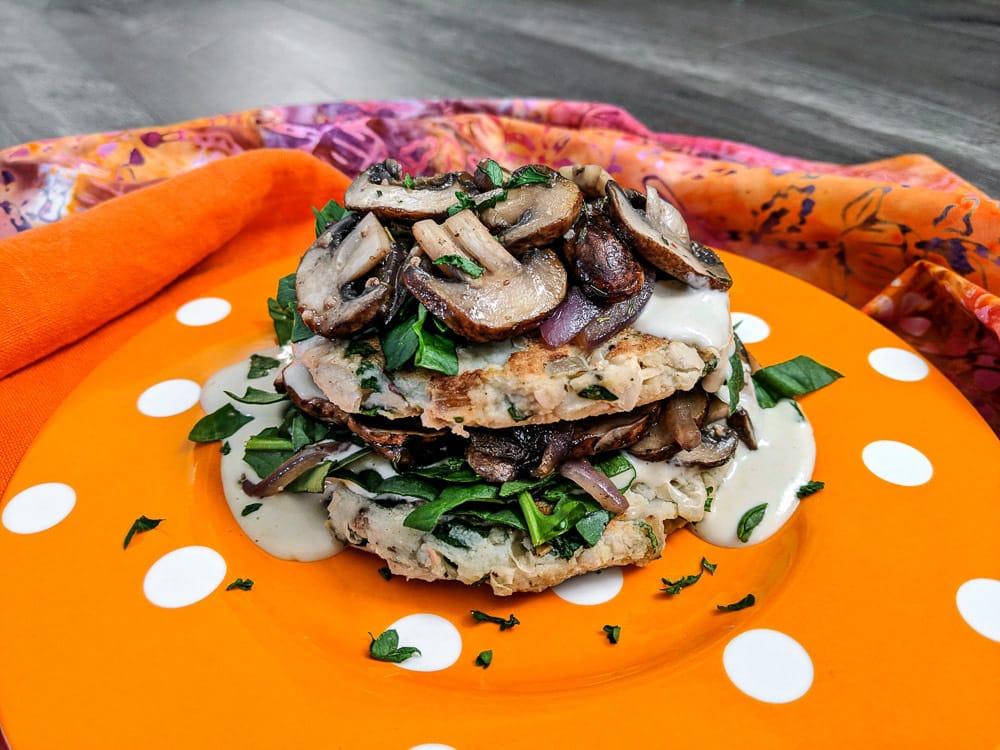  Savory Potato Pancake Stack with Sauteed Mushrooms and Provolone-style Cheesy Sauce