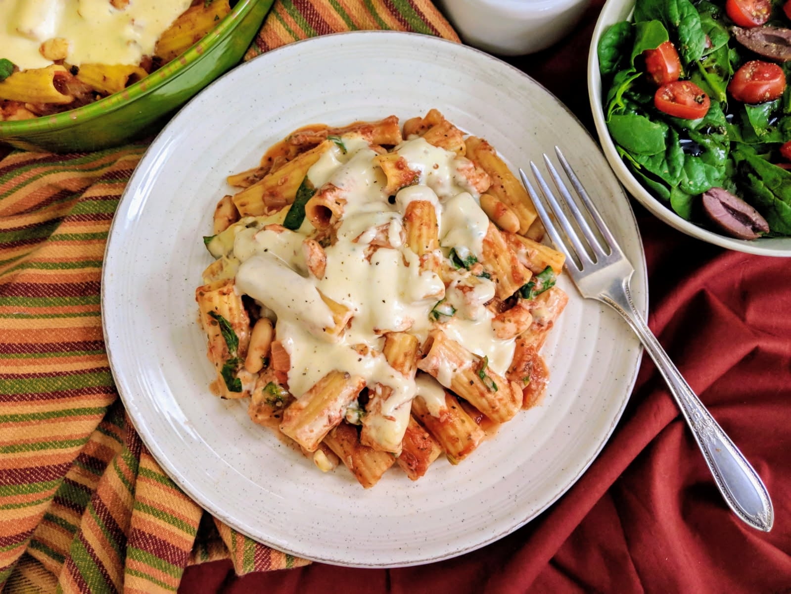 Cheesy Baked Rigatoni and Balsamic Tomato Spinach Salad