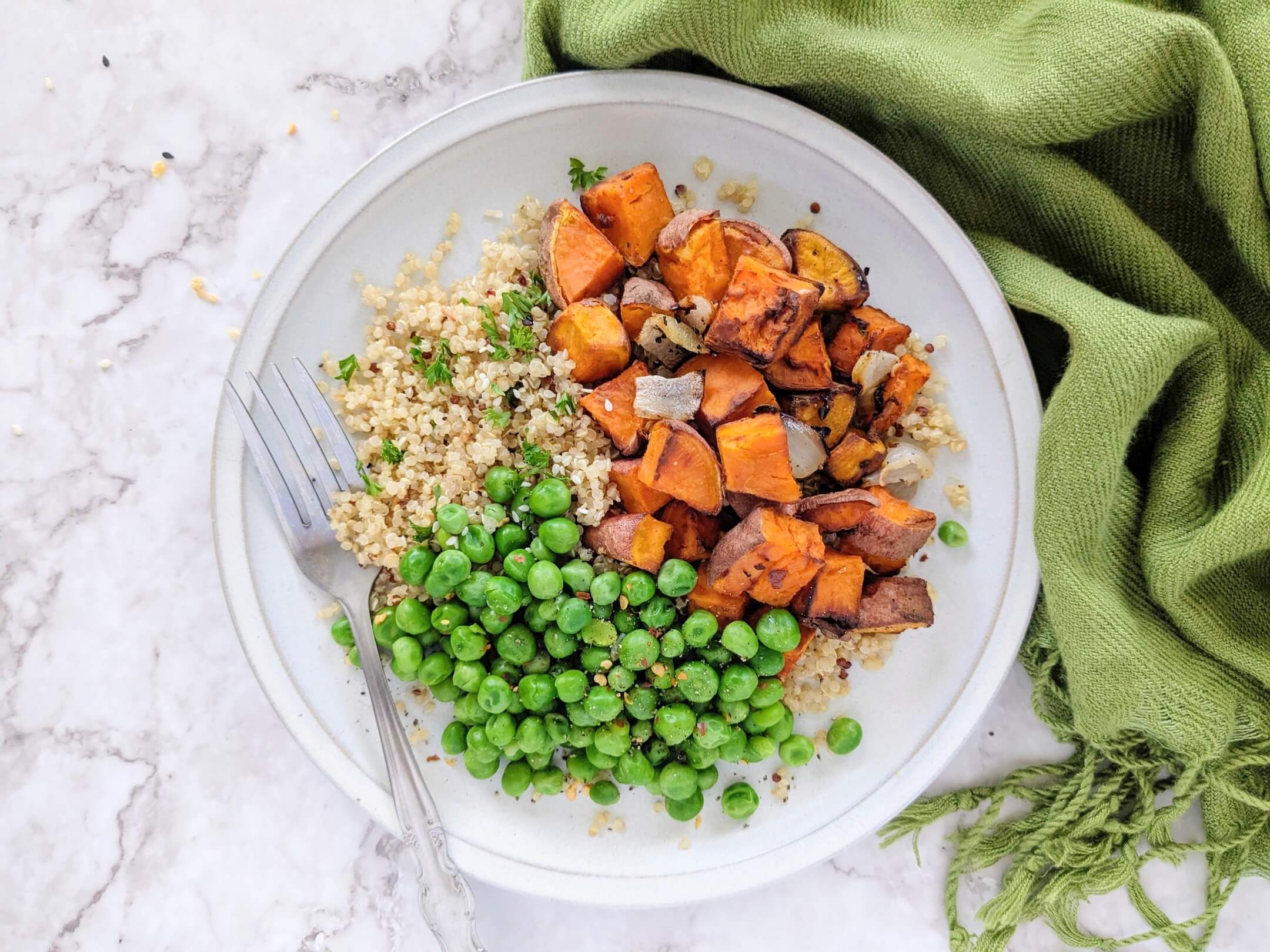 Easy Seasoned Quinoa, Roasted Sweet Potatoes and Spiced Green Peas