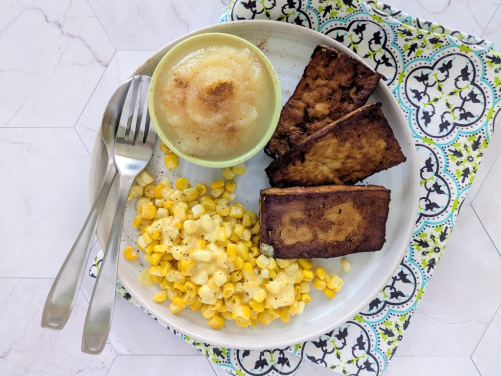 Tofu Steaks, Buttery Corn and Cinnamon Applesauce