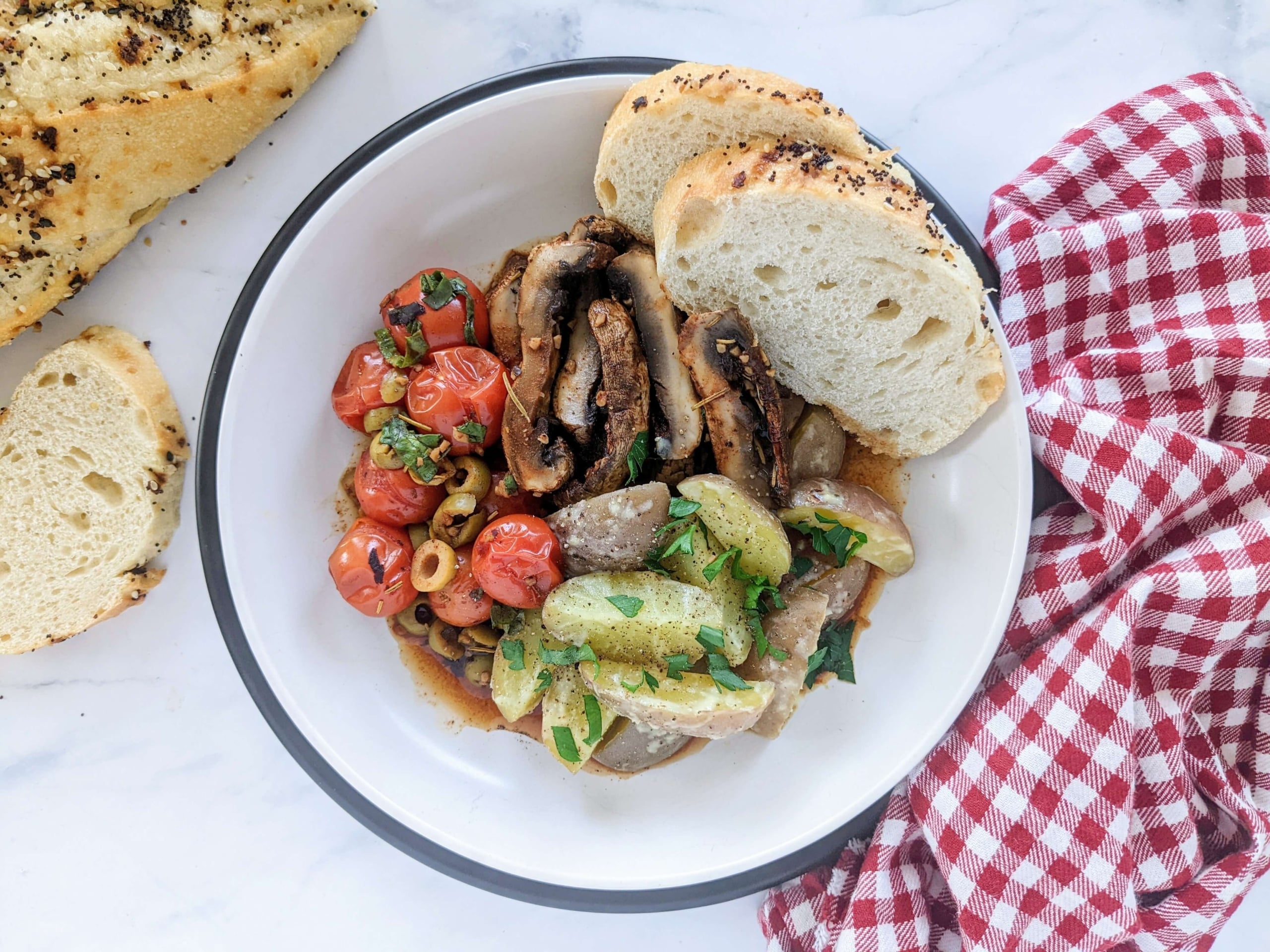 Roasted Portobello Steaks, Buttery Red Potatoes and Dirty Balsamic Cherry Tomatoes
