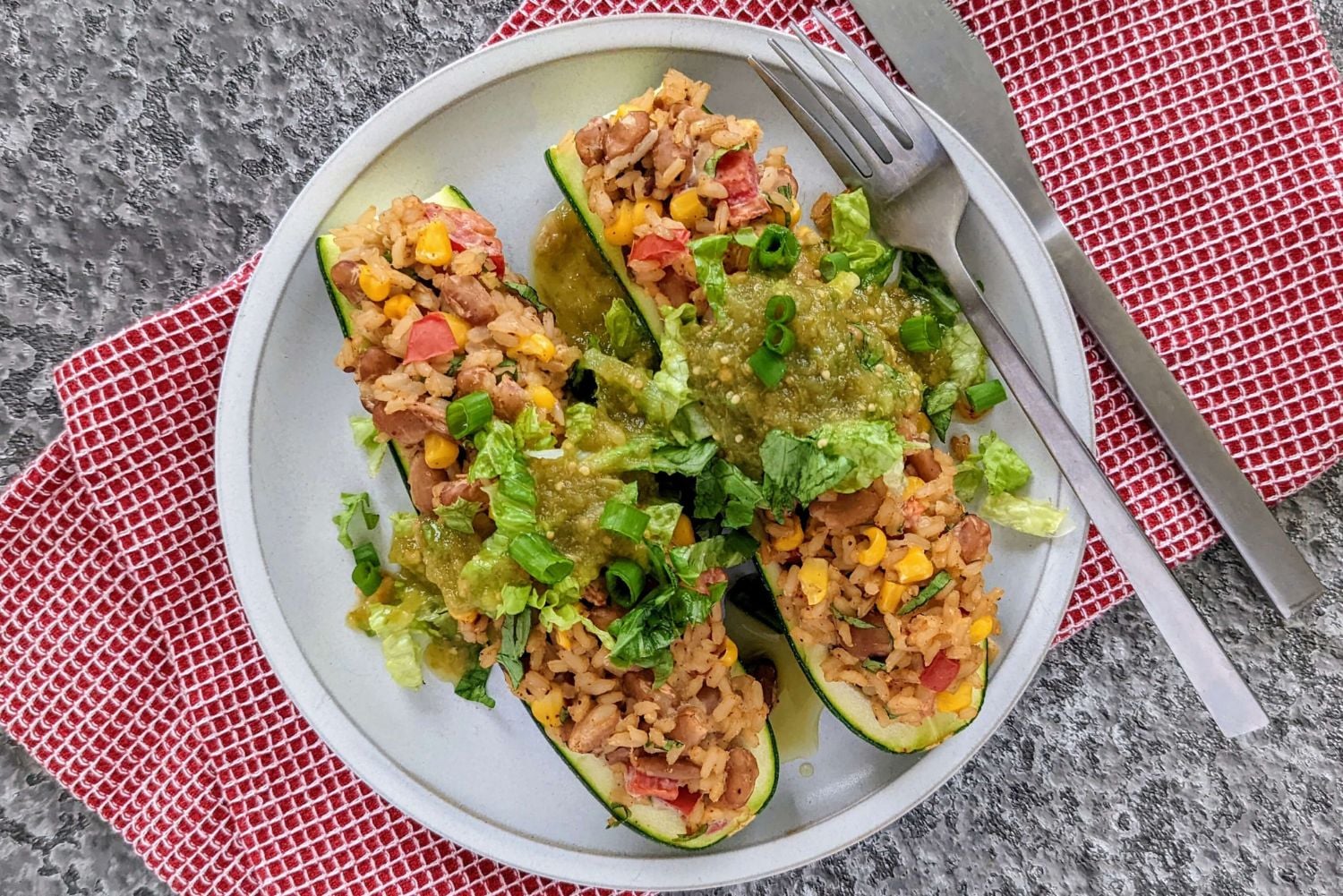 Corn & Pinto Bean Stuffed Zucchini Boats