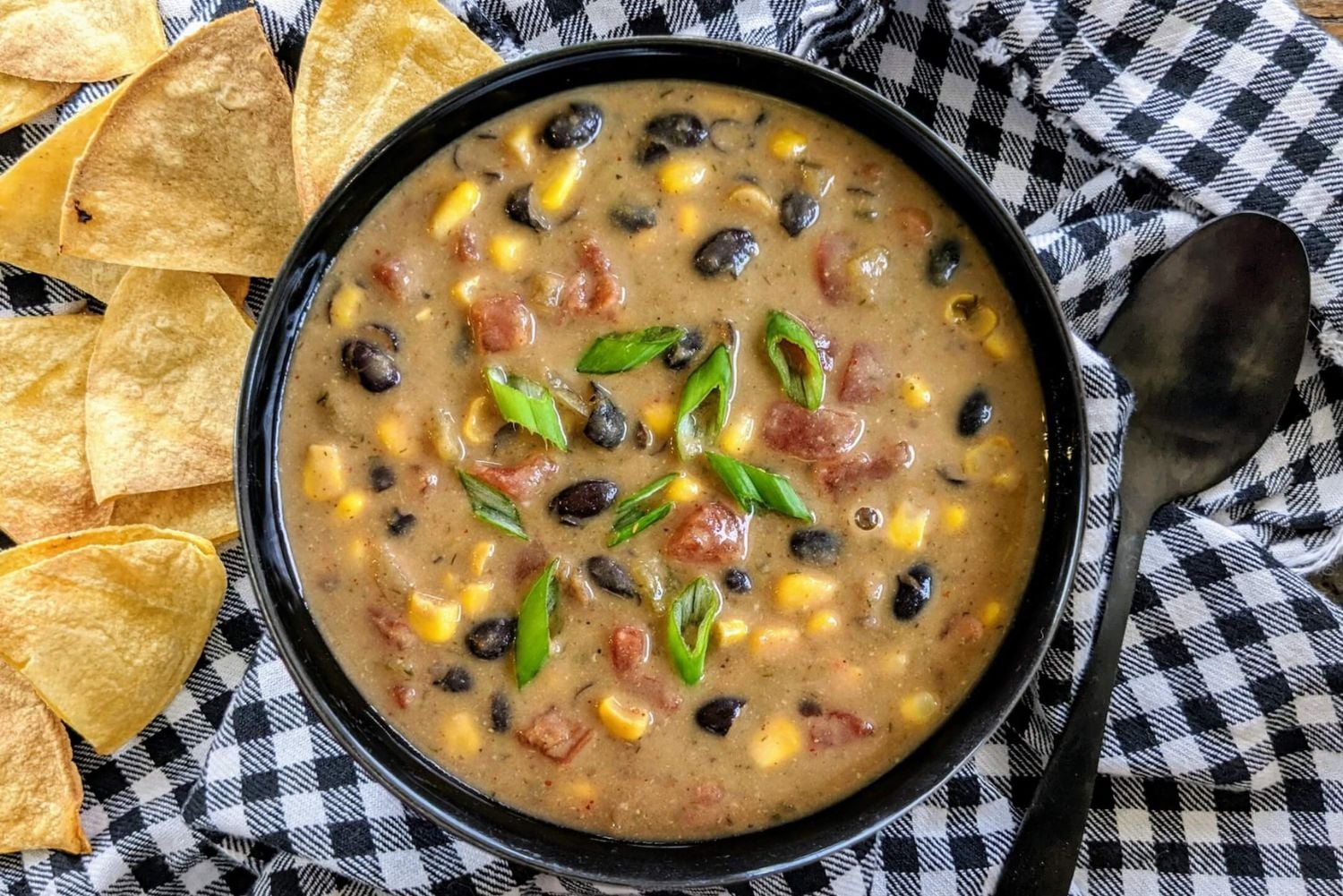 Creamy Southwestern Corn & Black Bean Soup and Baked Tortilla Chips