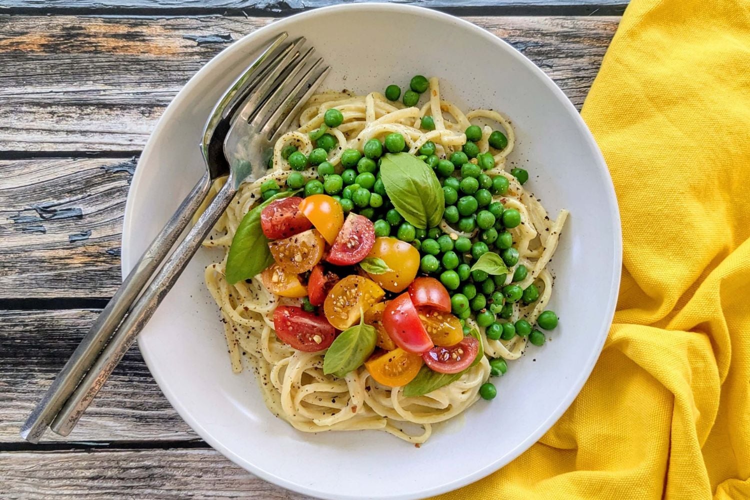 Linguine with Summer Squash Cream Sauce & Fresh Veggies
