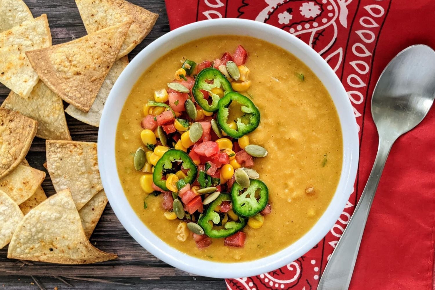 Mexican-style Corn Soup with Corn Relish and Tortilla Chips