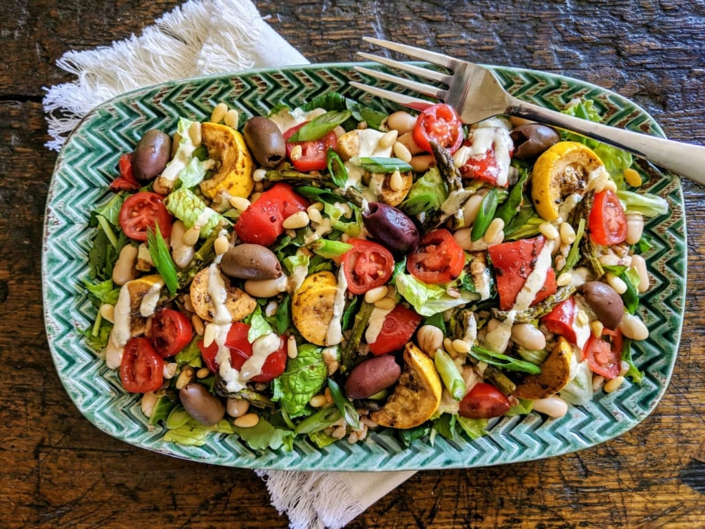 Mediterranean Roasted Veg Salad with Garlicky Vinaigrette