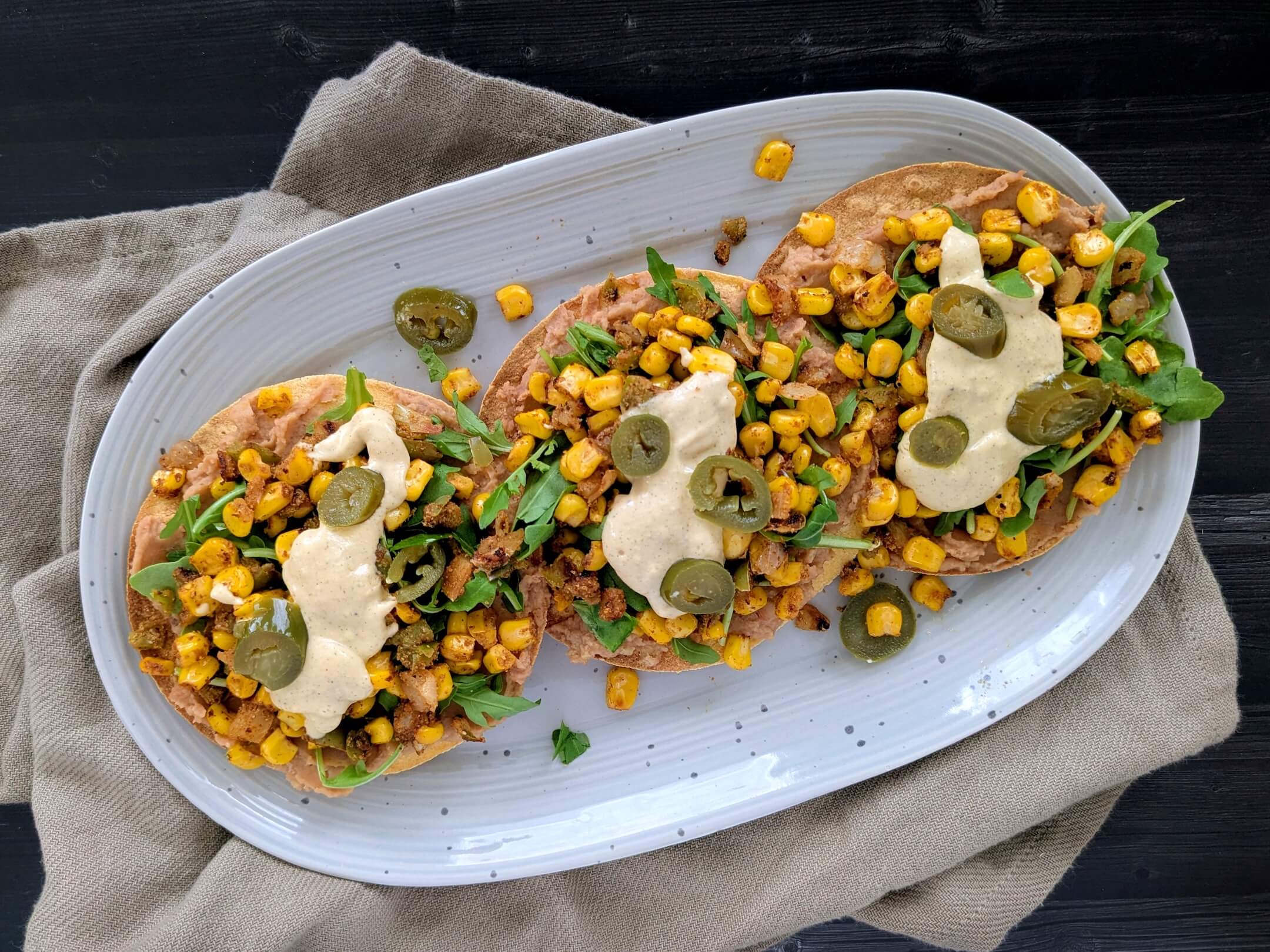 Plant based Refried Bean & Corn Tostadas