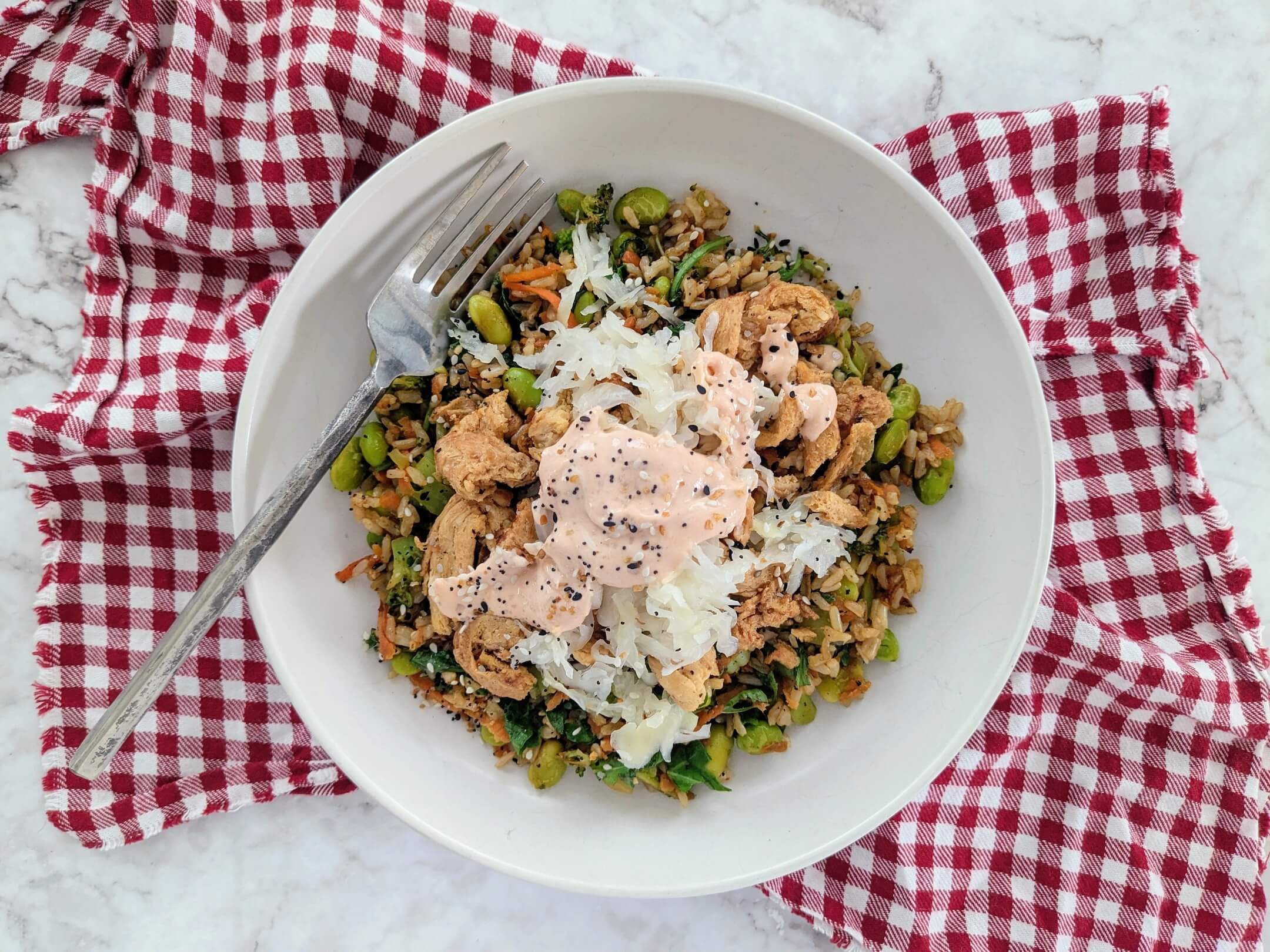 Edamame Broccoli Rice with Spicy Mayo