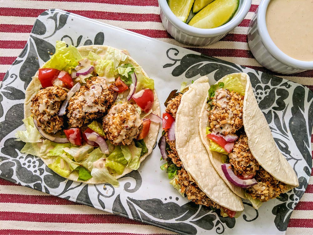 Crispy coconut-crusted cauliflower tacos with bang bang sauce