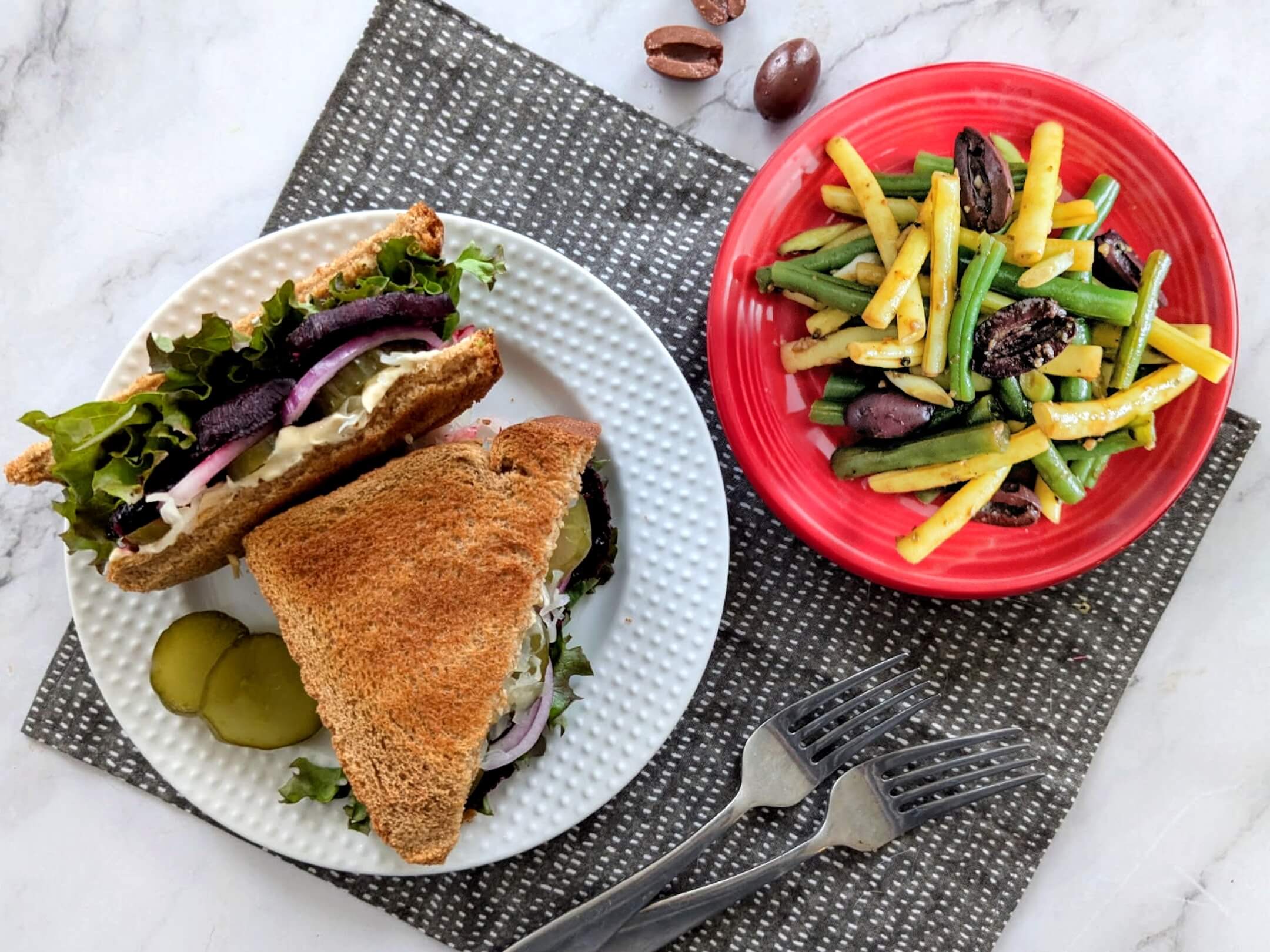 Pastrami spiced roasted beet sandwich and fancy green beans