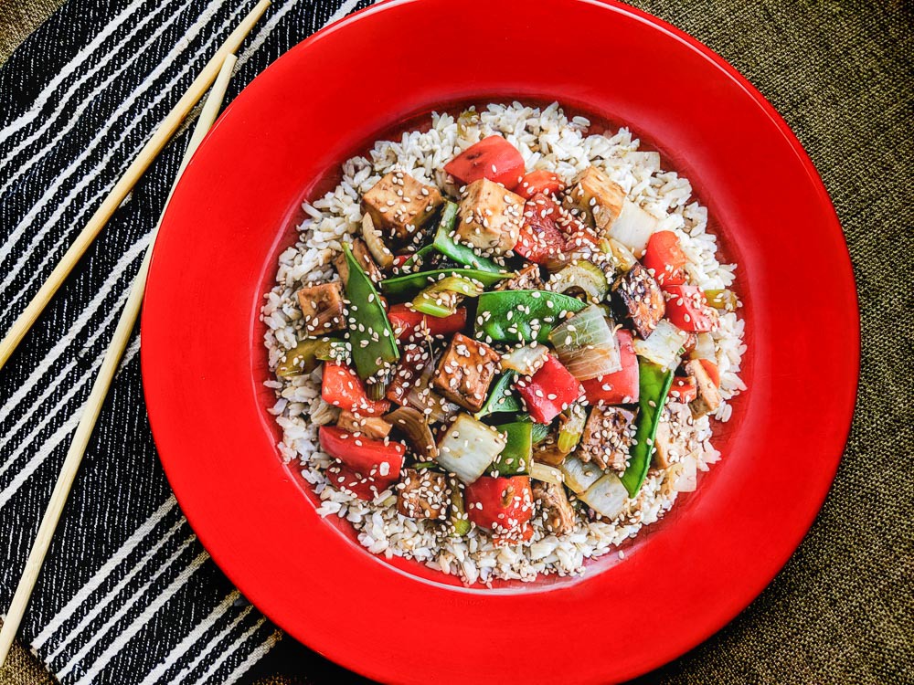 Sweet Chili Glazed Tofu & Veggie Stir Fry over Brown Rice
