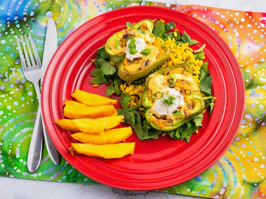 Bharwa Shimla Mirch (stuffed peppers) and sweet mango slices