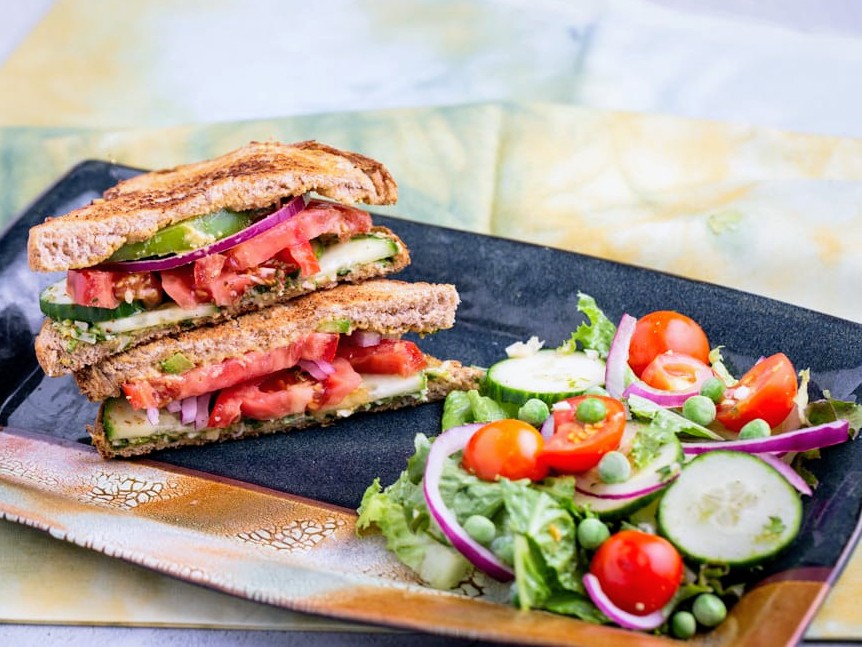 Mumbai Veggie Grilled Chutney Sandwich and Tomato Mint Cucumber Salad