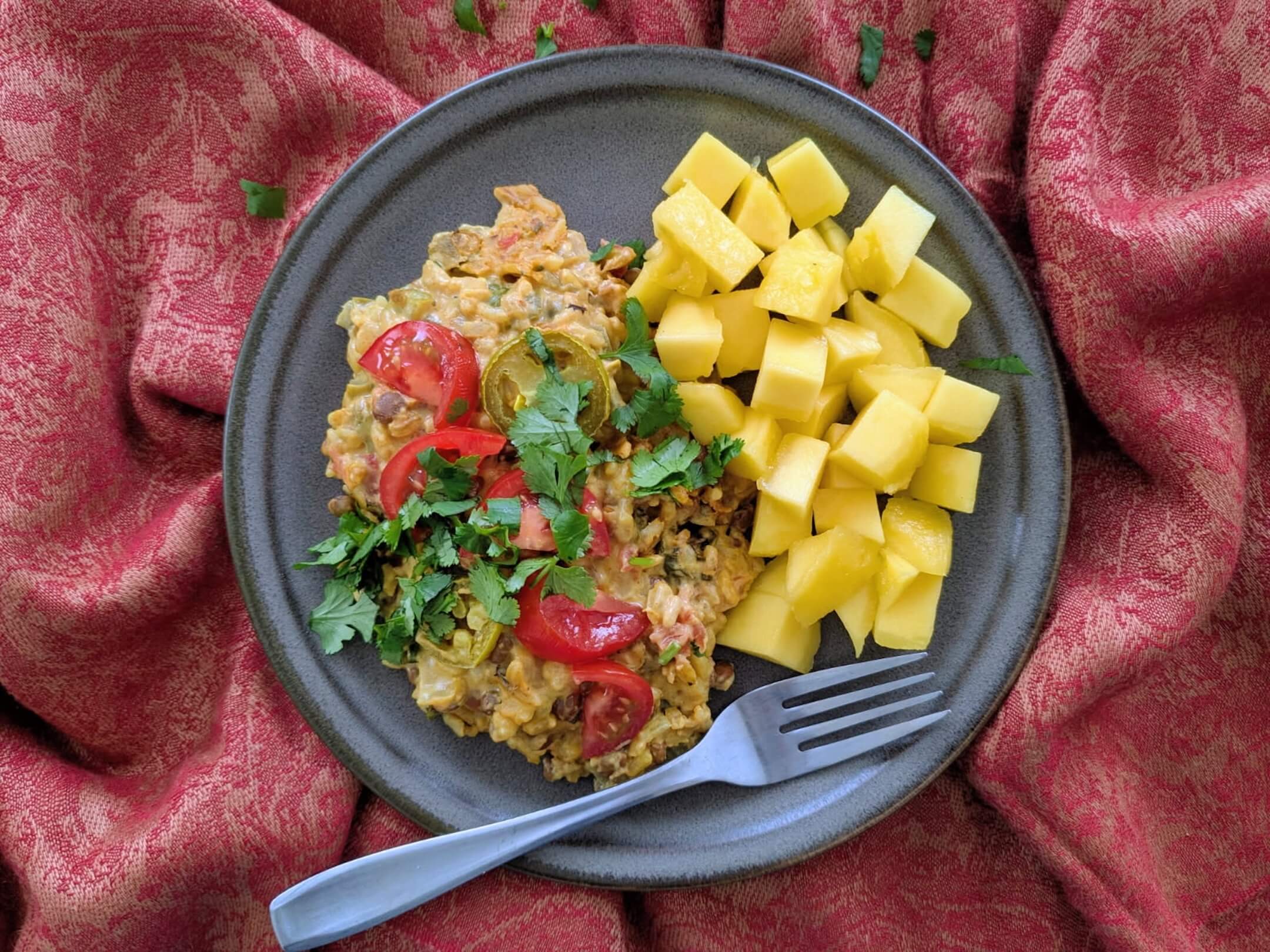 Cheesy Fire-roasted Rice & Lentil Casserole and Fresh Mango
