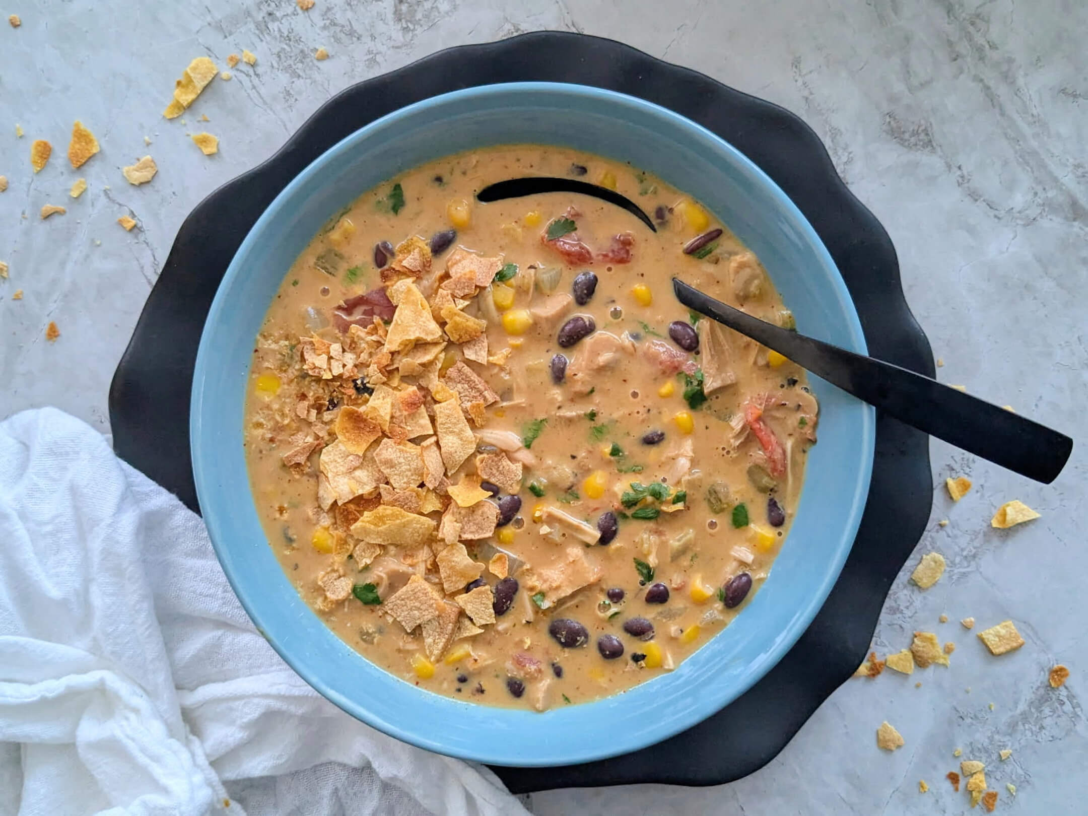 Cheesy Jackfruit Tortilla Soup with Chips