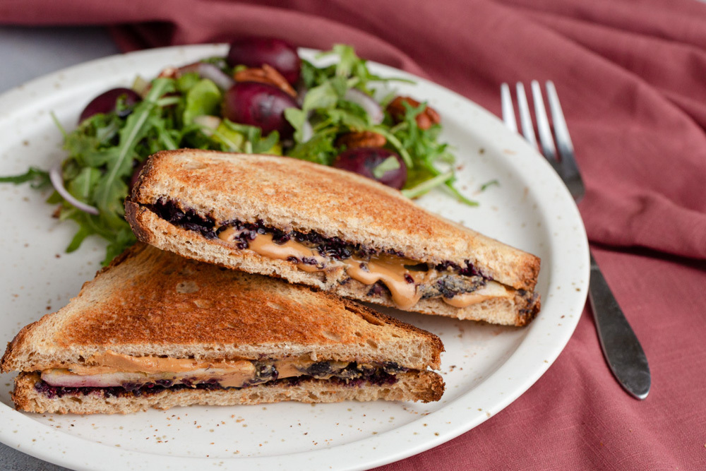 Peanut Butter & Blueberry Chia Jam Sandwich with Roasted Grape Salad