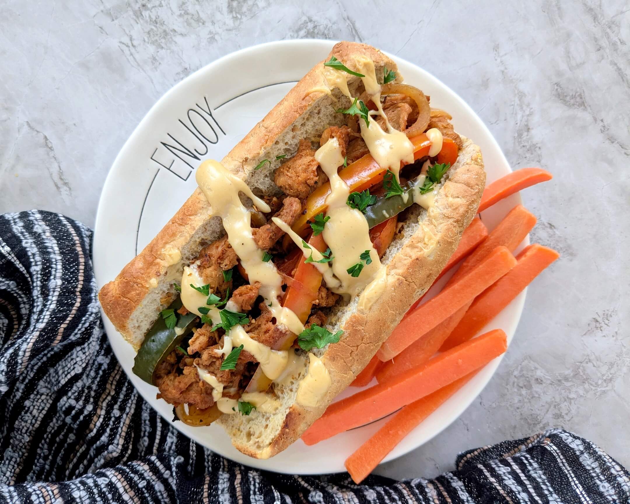 Soy Curl Cheesesteak and Carrot Sticks