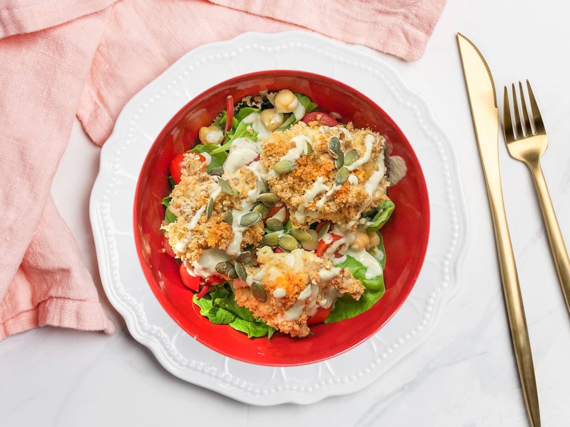 Buffalo Mac & Cheesy Balls Salad with Creamy Dill Dressing 